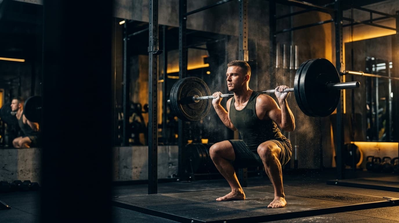 Athlete doing a barbell squat in a modern gym