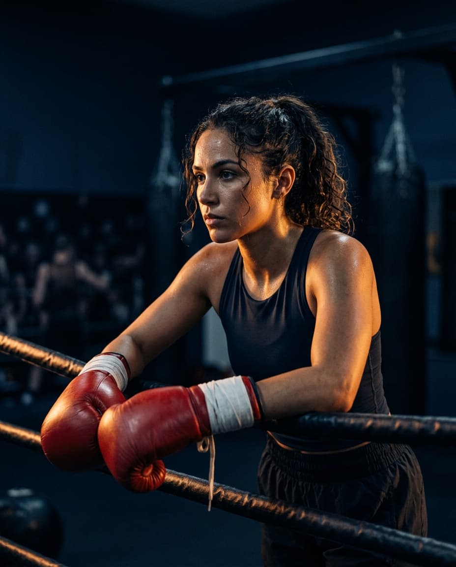 Boxer resting on the ropes between rounds